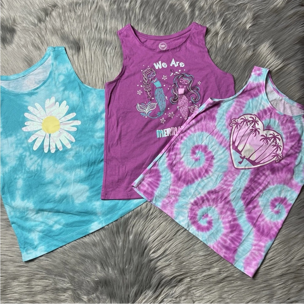 Bundle Of 3 Girls Tank Tops Wonder Nation Large 10/12 Mermaid Floral Tropical